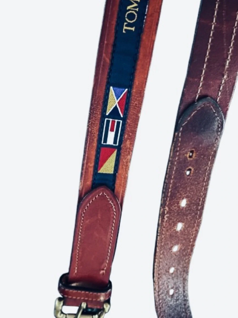 TOMMY HILFIGER L Leather Flag Nautical Belt Brown Large Size 49 Preppy